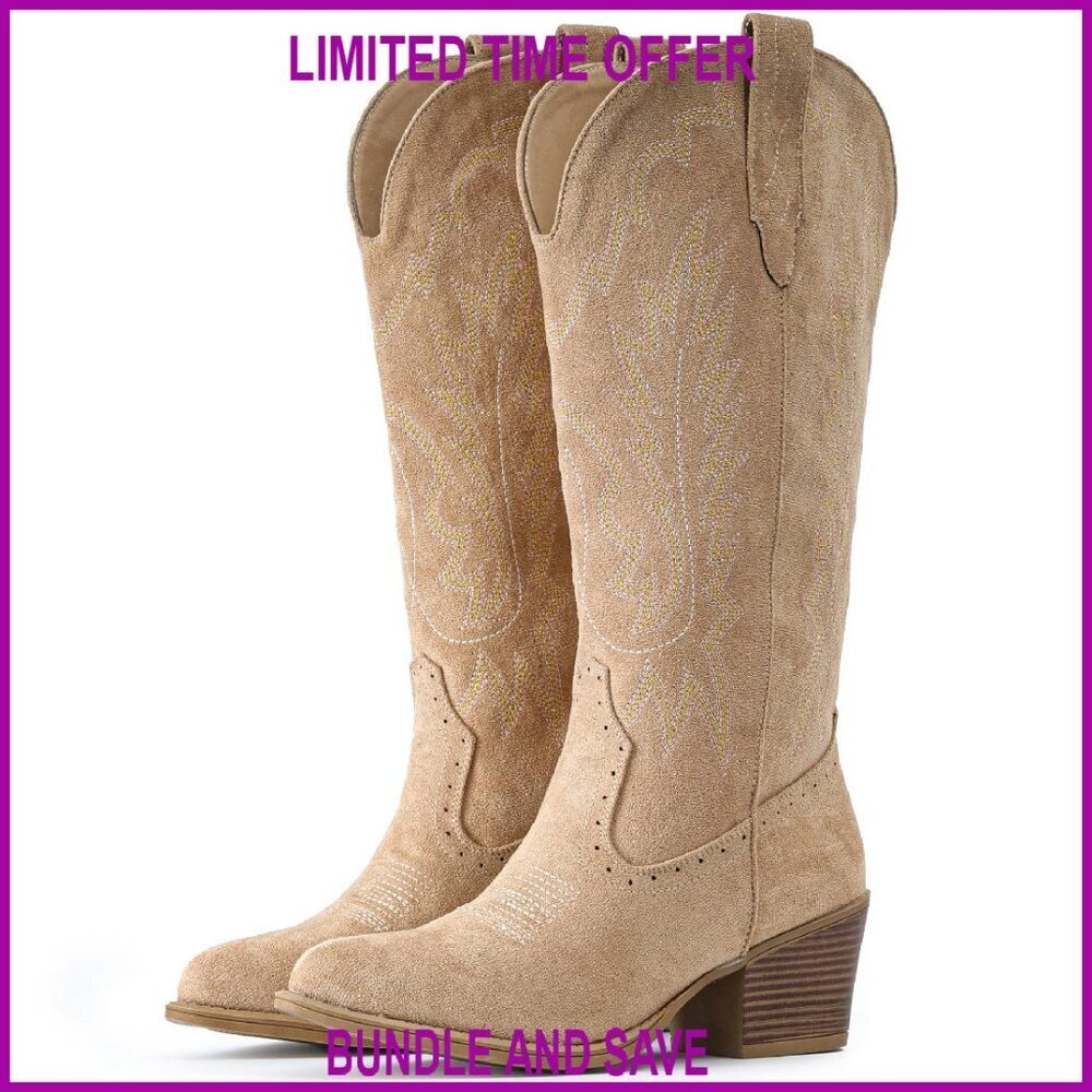 Suede Cowboy Boots Women Chunky Heel Pointed Toe Mid Calf Western